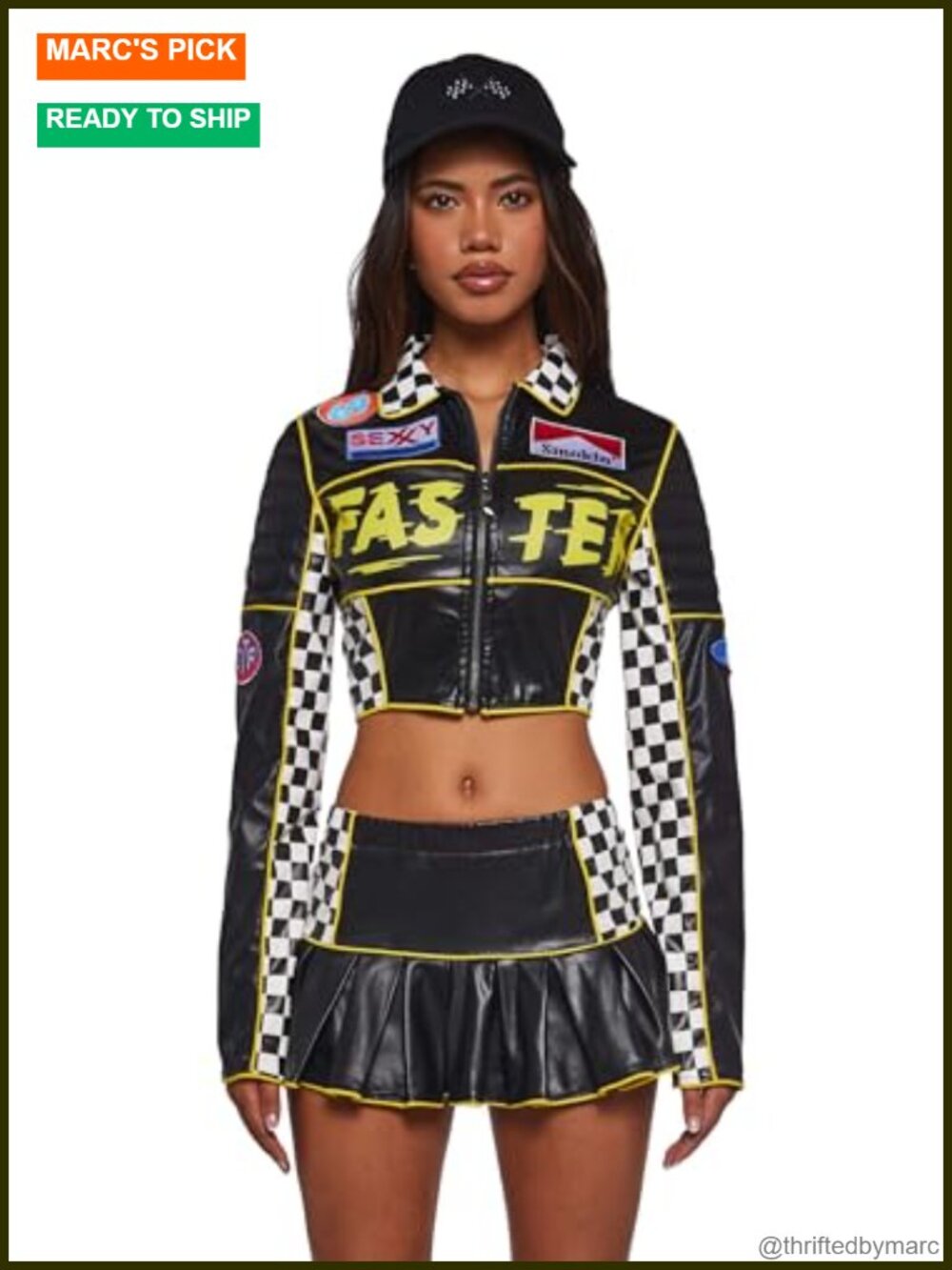 Faux Leather Racer Costume: Crop Jacket, Mini Skirt, Hat, Halloween Party
